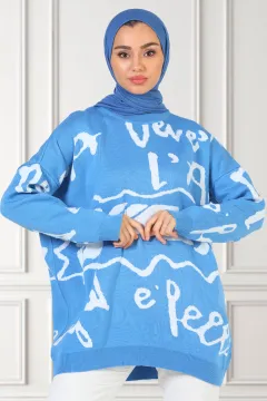 Kadın Owersize Desenli Triko Tunik Mavi