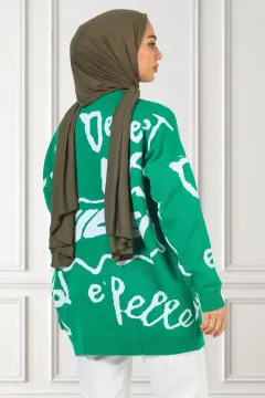 Kadın Owersize Desenli Triko Tunik Yeşil