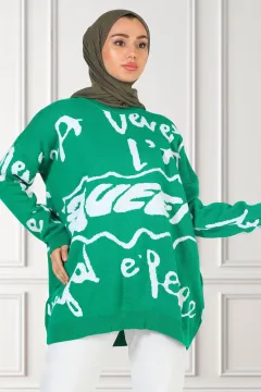 Kadın Owersize Desenli Triko Tunik Yeşil