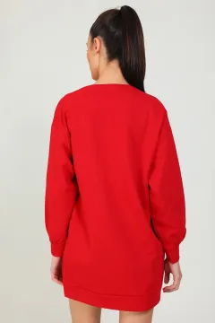 Kadın Oxford Baskılı Sweat Tunik Kırmızı