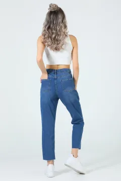 Kadın Paçası Kesik Mom Jeans Pantolon Mavi