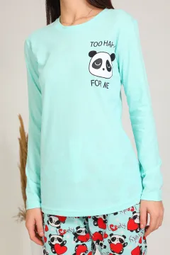 Kadın Panda Baskılı Pijama Takımı Mint