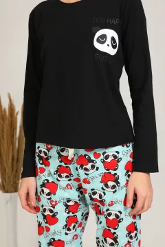 Kadın Panda Baskılı Pijama Takımı Siyah