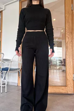 Kadın Pantolon Bluz Triko İkili Takım Siyah