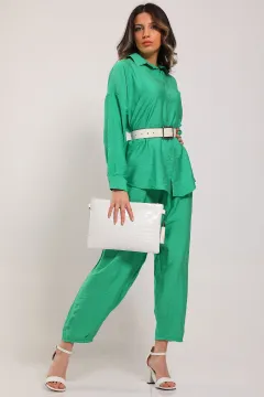 Kadın Pantolon Gömlek Günlük İkili Takım Yeşil