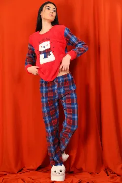 Kadın Peluş Pijama Takımı Kırmızı