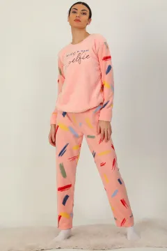 Kadın Peluş Pijama Takımı Pudra