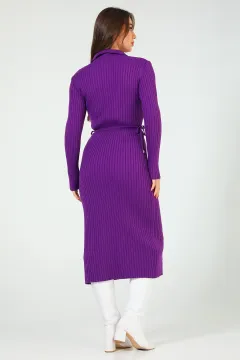 Kadın Polo Yaka Bel Bağlamalı Uzun Triko Elbise Mor