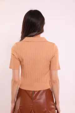 Kadın Polo Yaka Bel Taş Detaylı Crop Triko Bluz Bej