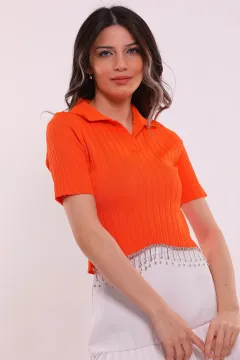 Kadın Polo Yaka Bel Taş Detaylı Crop Triko Bluz Orange