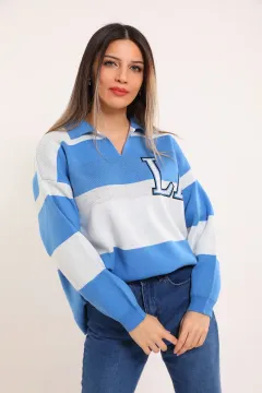 Kadın Polo Yaka Blok Desenli Triko Bluz İndigo
