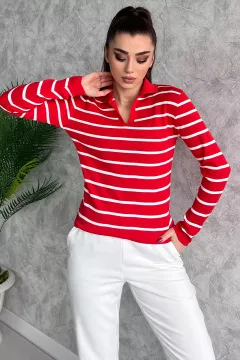 Kadın Polo Yaka Çizgi Desenli Triko Bluz Kırmızı