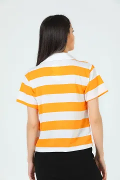 Kadın Polo Yaka Çizgili T-shirt Açık Orange