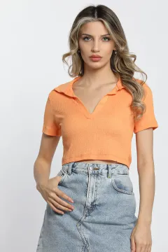Kadın Polo Yaka Crop T-shirt Orange