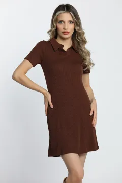 Kadın Polo Yaka Fitilli Elbise Kahve