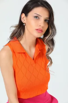 Kadın Polo Yaka Mevsimlik Triko Bluz Orange