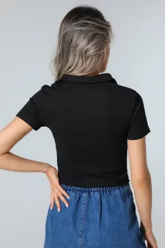 Kadın Polo Yaka Ön Büzgü Detaylı Crop Bluz Siyah