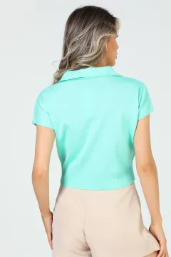 Kadın Polo Yaka Taş Detaylı Mevsimlik Triko Bluz Mint