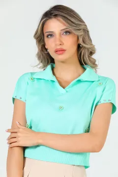 Kadın Polo Yaka Taş Detaylı Mevsimlik Triko Bluz Mint