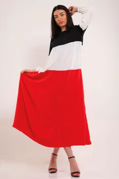 Kadın Renk Bloklu Salaş Tesettür Elbise Kırmızı