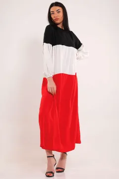 Kadın Renk Bloklu Salaş Tesettür Elbise Kırmızı