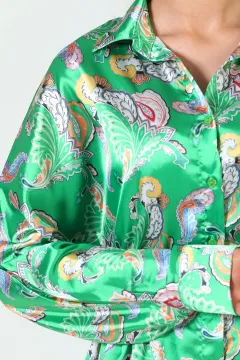 Kadın Retro Hafif Dökümlü Bel Detaylı Saten Gömlek Yeşil
