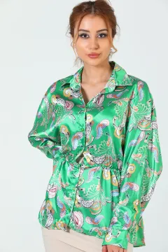 Kadın Retro Hafif Dökümlü Bel Detaylı Saten Gömlek Yeşil