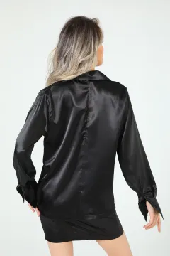 Kadın Retro Saten Ceket Mini Etek İkili Takım Siyah