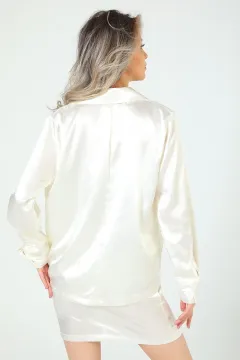 Kadın Retro Saten Ceket Mini Etek İkili Takım Krem