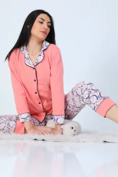 Kadın Ribanalı Pijama Takımı Somon