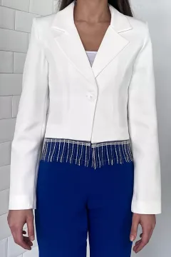Kadın Sacak Taşlı Crop Blazer Ceket Krem