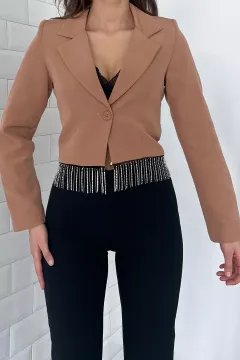 Kadın Sacak Taşlı Crop Blazer Ceket Bisküvi