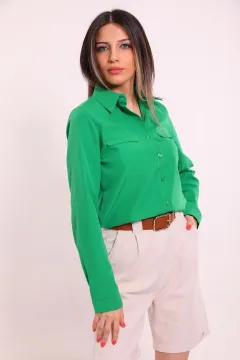 Kadın Sahte Cep Detaylı Salaş Gömlek Yeşil