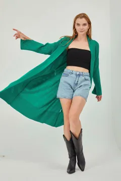 Kadın Şal Yaka Kol Yırtmaç Detaylı Uzun Triko Hırka Yeşil