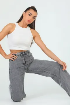 Kadın Salaş Bol Paça Retro Jeans Pantolon Antrasit