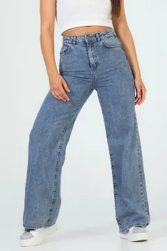 Kadın Salaş Bol Paça Retro Jeans Pantolon Buzmavisi