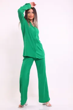 Kadın Salaş Gömlek Pantolon Kombinli İkili Takım Yeşil