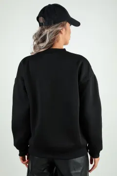Kadın Şardonlu Baskılı Sweatshirt Siyah