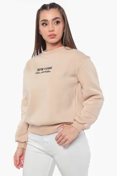 Kadın Şardonlu Baskılı Sweatshirt Bej