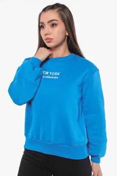 Kadın Şardonlu Baskılı Sweatshirt Mavi