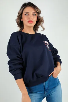 Kadın Şardonlu Crop Sweatshirt Lacivert