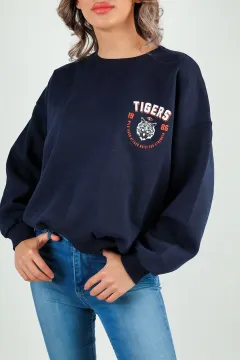 Kadın Şardonlu Crop Sweatshirt Lacivert