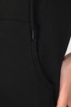 Kadın Düz 2 İp Şardonlu Fermuarlı Kapüşonlu Sweatshirt Siyah