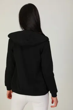 Kadın Düz 2 İp Şardonlu Fermuarlı Kapüşonlu Sweatshirt Siyah