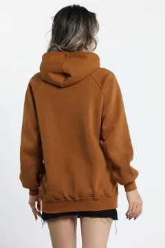 Kadın Şardonlu Kapüşonlu Sweatshirt Camel