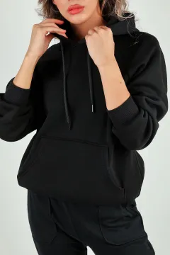 Kadın Şardonlu Kapüşonlu Sweatshirt Siyah