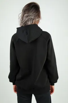 Kadın Şardonlu Kapüşonlu Sweatshirt Siyah