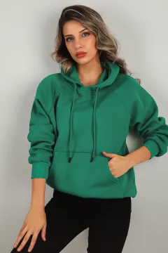 Kadın Şardonlu Kapüşonlu Sweatshirt Yeşil