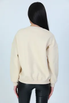 Kadın Şardonlu Metallıca Baskılı Sweatshirt Bej