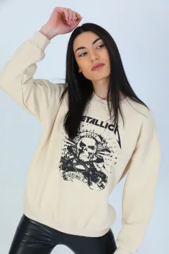 Kadın Şardonlu Metallıca Baskılı Sweatshirt Bej